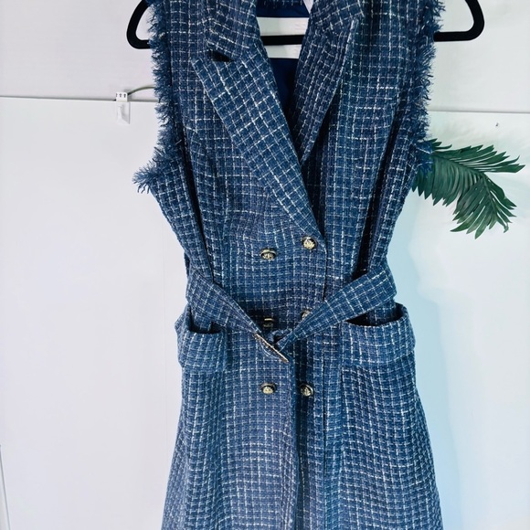 GRACE KARIN Women Tweed Sleeveless V Neck Button Down Dress Pockets Navy Blue LG - Picture 10 of 14